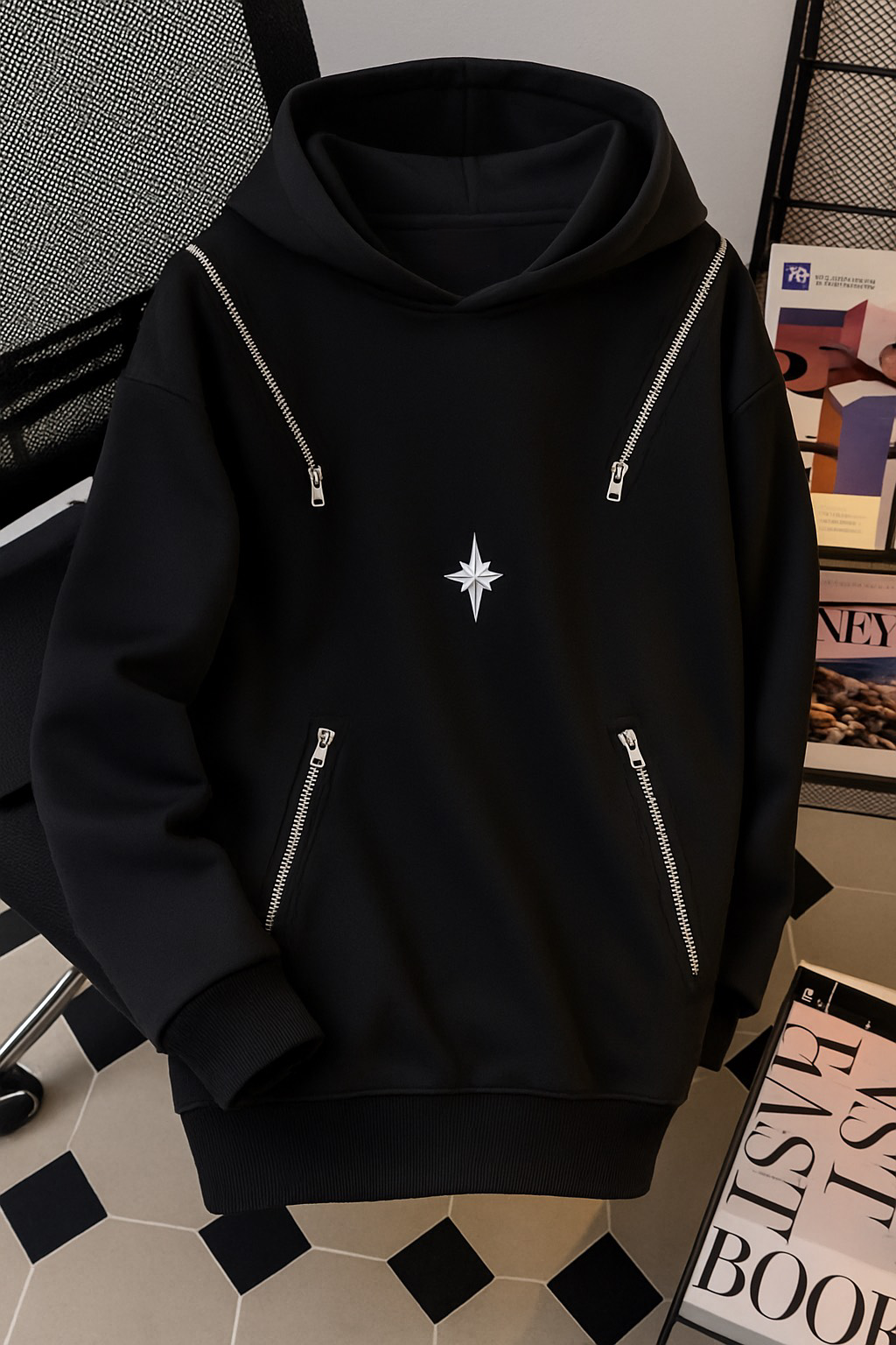 FUNKURE ZIPPER ACCENT & STAR EMBLEM OVERSIZED HOODIE.