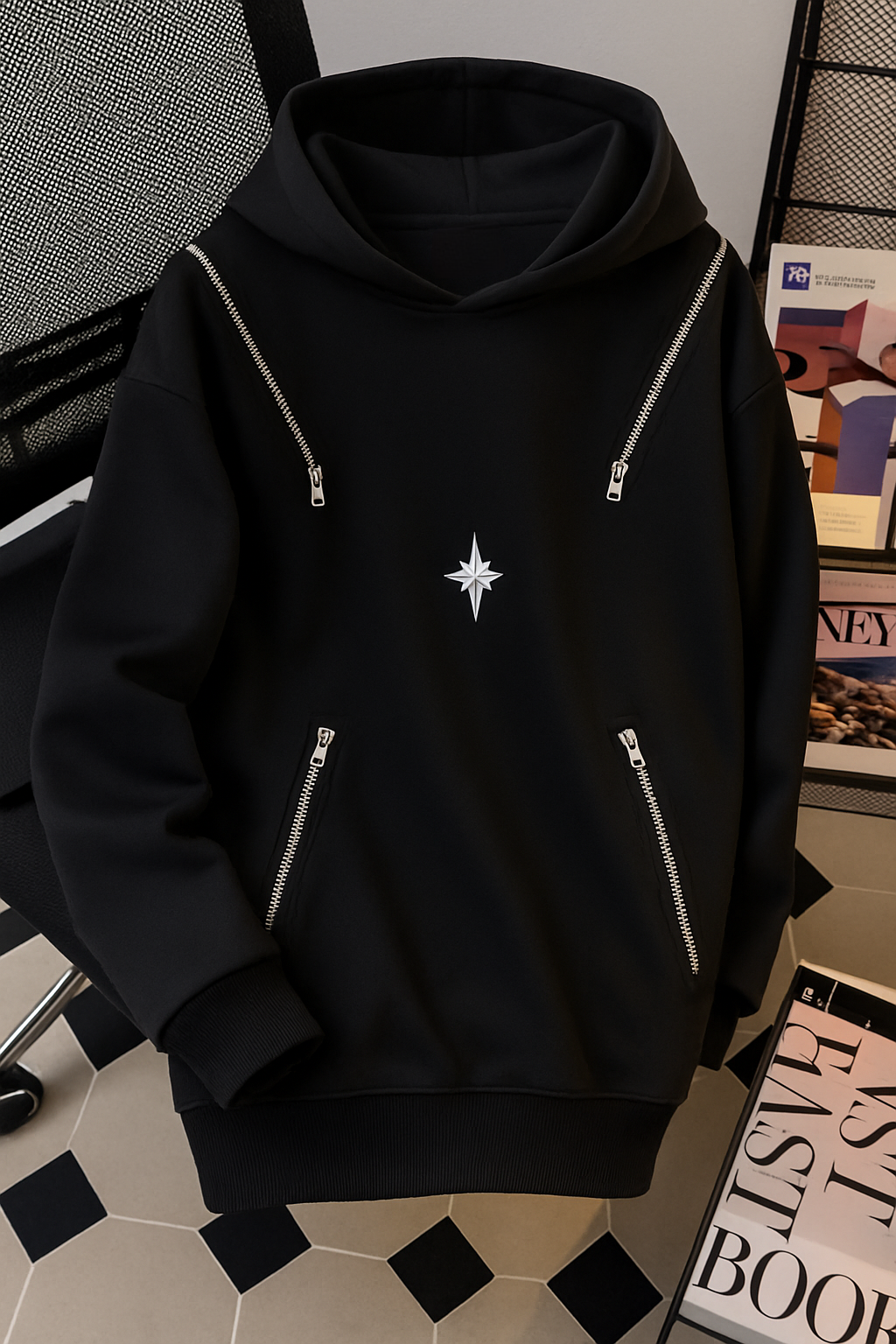FUNKURE ZIPPER ACCENT & STAR  EMBLEM OVERSIZED HOODIE.